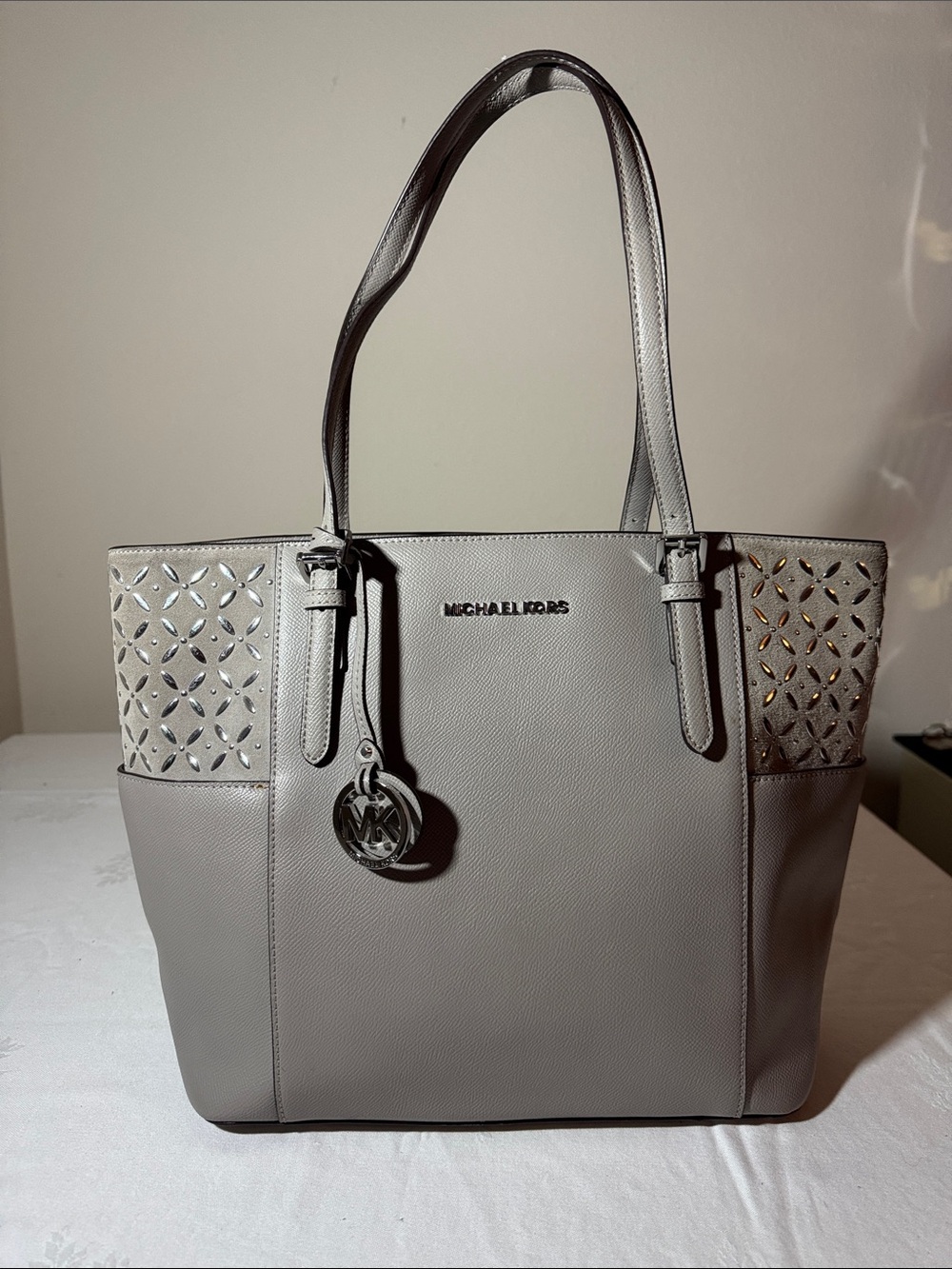 Michael Kors Gray Leather Tote with lap top compartment. Laser-Cut Accent